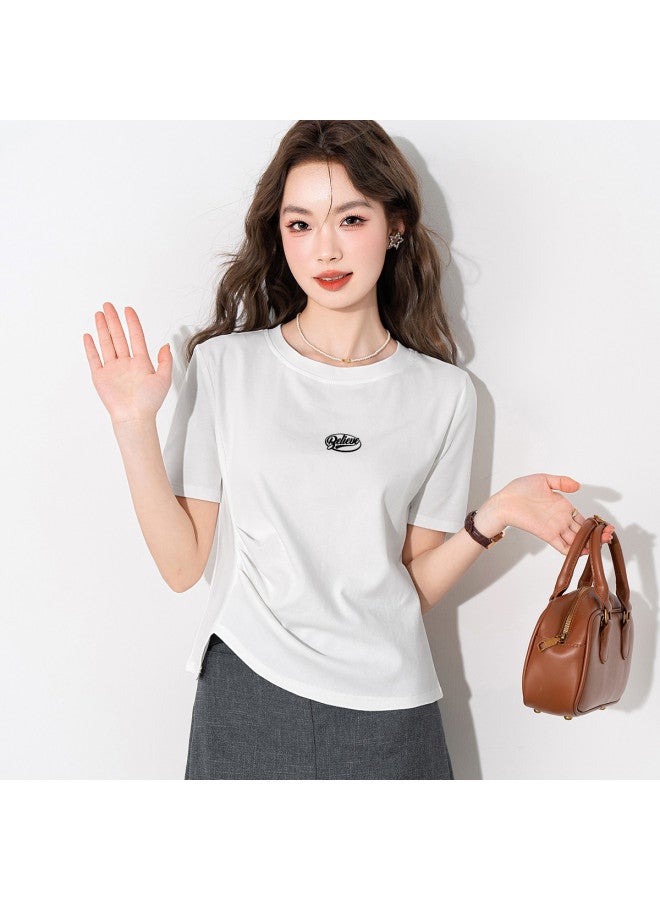 Baleno Solid Color Round Neck Women's T-shirt 2025 Summer Trend Gathered Hem Letter Print Short Sleeve Tee - Image 4