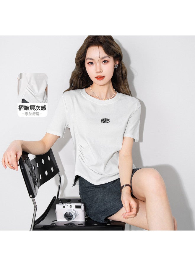 Baleno Solid Color Round Neck Women's T-shirt 2025 Summer Trend Gathered Hem Letter Print Short Sleeve Tee - Image 2