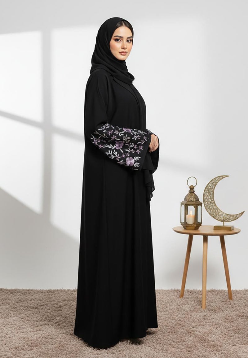 NUKHBAA عباءة سوداء مذهلة مطرزة | قماش نيدا-848 - Image 2