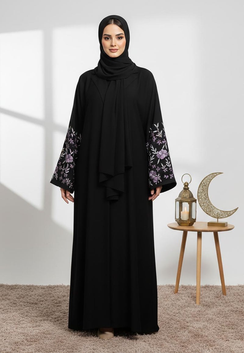 NUKHBAA عباءة سوداء مذهلة مطرزة | قماش نيدا-848 - Image 1