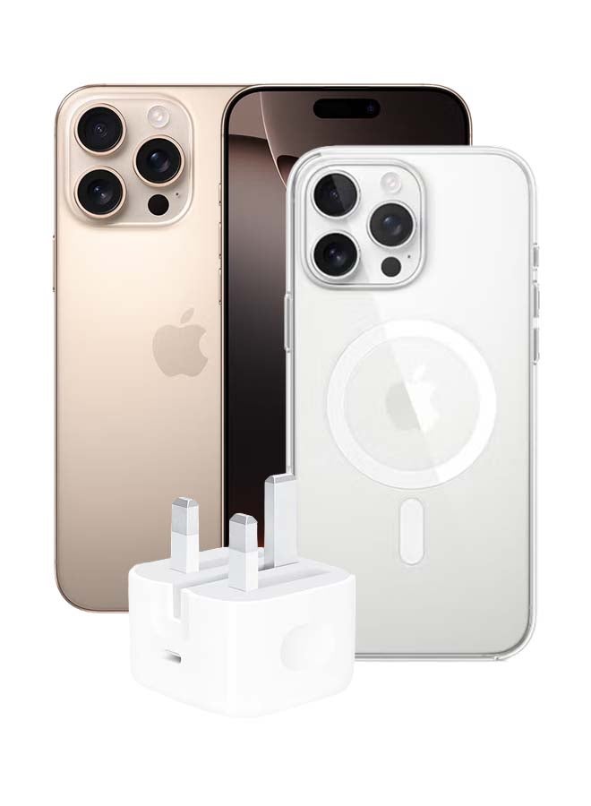 Apple iPhone 16 Pro Max 256GB Desert Titanium 5G With FaceTime - Middle East Version &, iPhone 16 Pro Max Case With MagSafe - Clear & 20W USB-C 3-Pin Power Adapter / Original iPhone Charger - White - Image 1