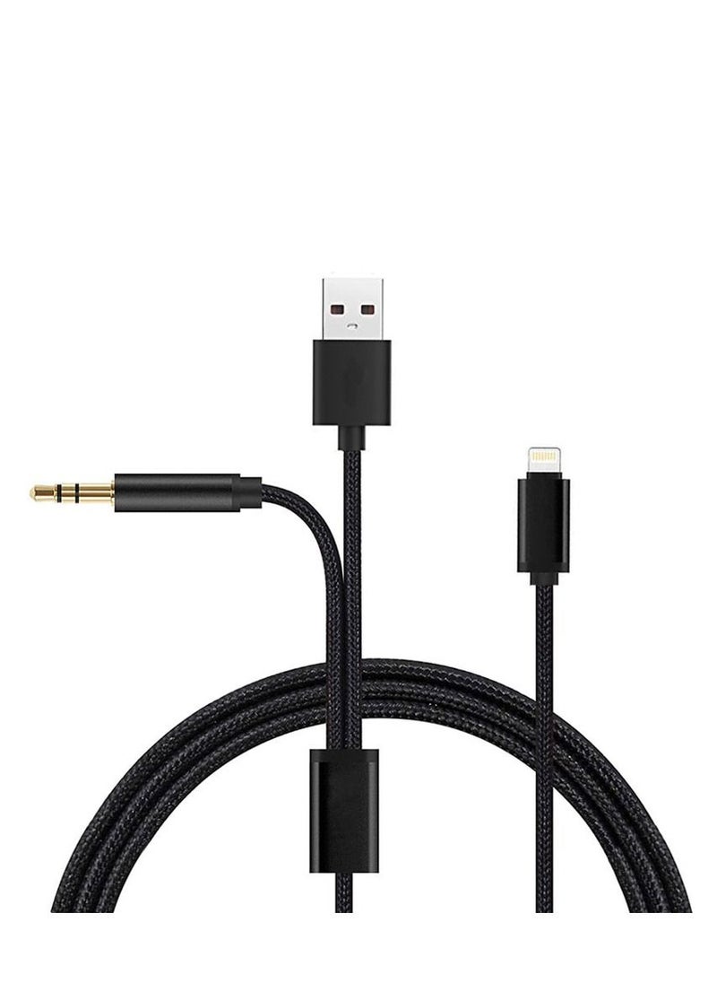 CATANES - 2 in 1 Aux and USB Charging Cable Lightning and 3.5mm Audio Headphone Adapter for Apple iOS and Android Nylon Braided Tangle Free Audio Converter and Charge Cable 100cm Black - Image 1