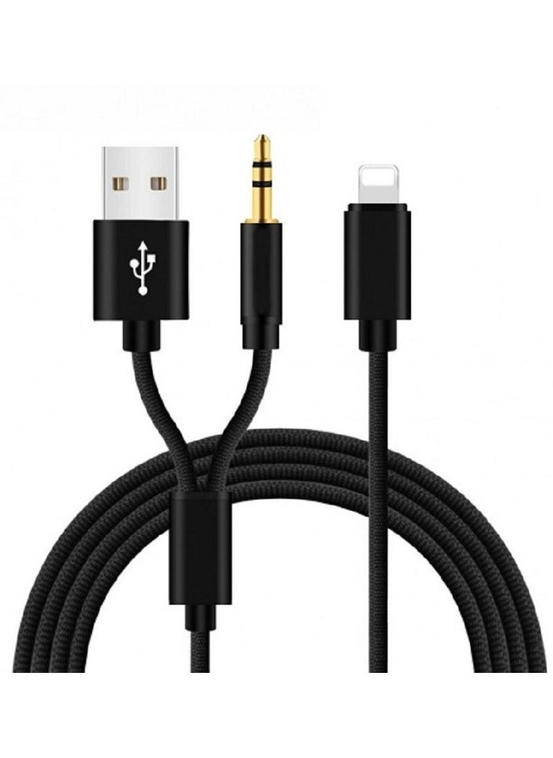 CATANES - 2 in 1 Aux and USB Charging Cable Lightning and 3.5mm Audio Headphone Adapter for Apple iOS and Android Nylon Braided Tangle Free Audio Converter and Charge Cable 100cm Black - Image 1