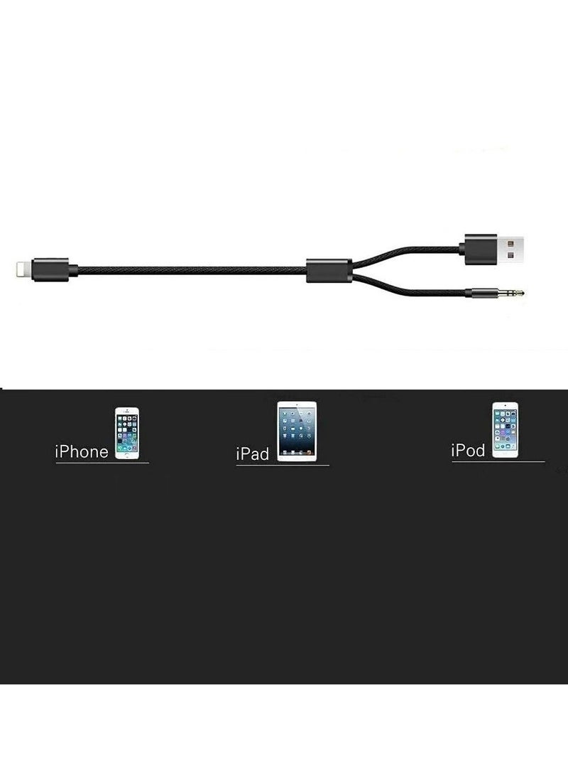 CATANES - 2 in 1 Aux and USB Charging Cable Lightning and 3.5mm Audio Headphone Adapter for Apple iOS and Android Nylon Braided Tangle Free Audio Converter and Charge Cable 100cm Black - Image 1