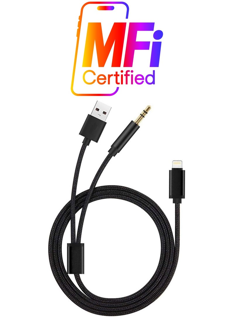 CATANES - 2 in 1 Aux and USB Charging Cable Lightning and 3.5mm Audio Headphone Adapter for Apple iOS and Android Nylon Braided Tangle Free Audio Converter and Charge Cable 100cm Black - Image 1