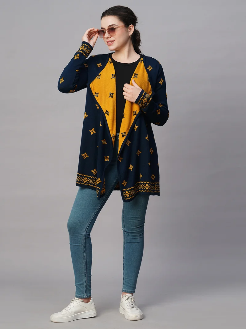 globus Women Blue Lapel Collar Ethnic Motifs Acrylic Hip Length Winter Wear Sweater Shrug