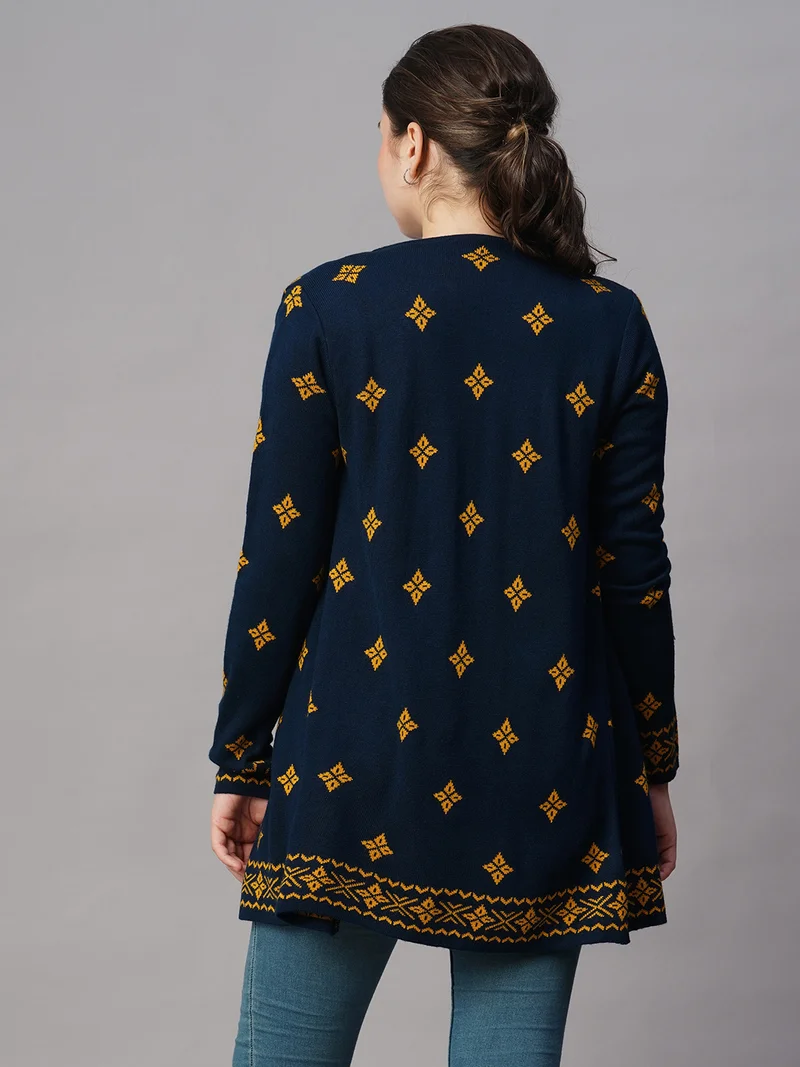 globus Women Blue Lapel Collar Ethnic Motifs Acrylic Hip Length Winter Wear Sweater Shrug