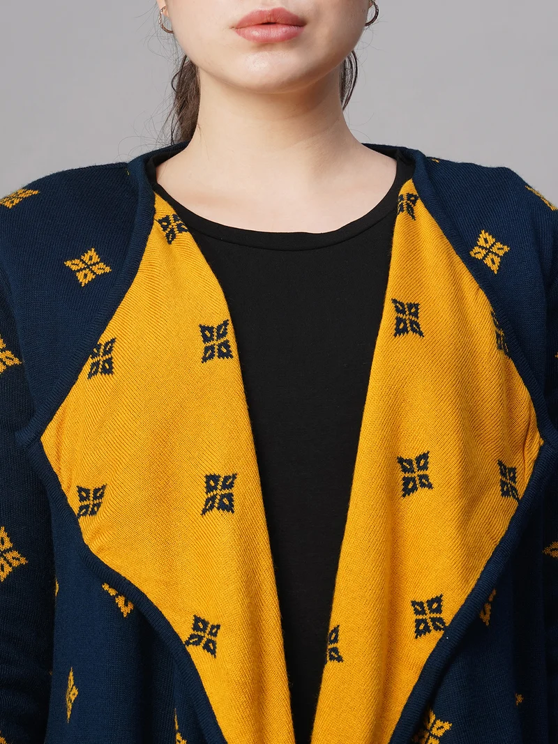 globus Women Blue Lapel Collar Ethnic Motifs Acrylic Hip Length Winter Wear Sweater Shrug