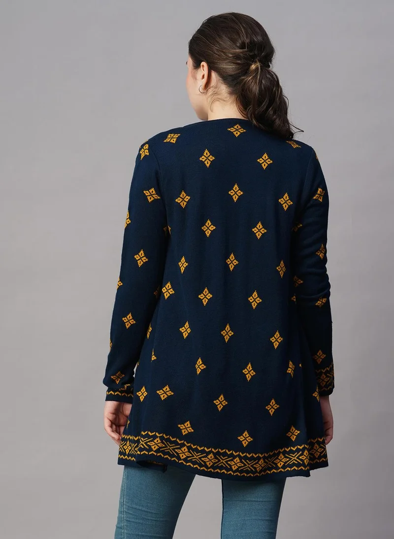 globus Globus Women Blue Lapel Collar Ethnic Motifs Acrylic Hip Length Winter Wear Sweater Shrug
