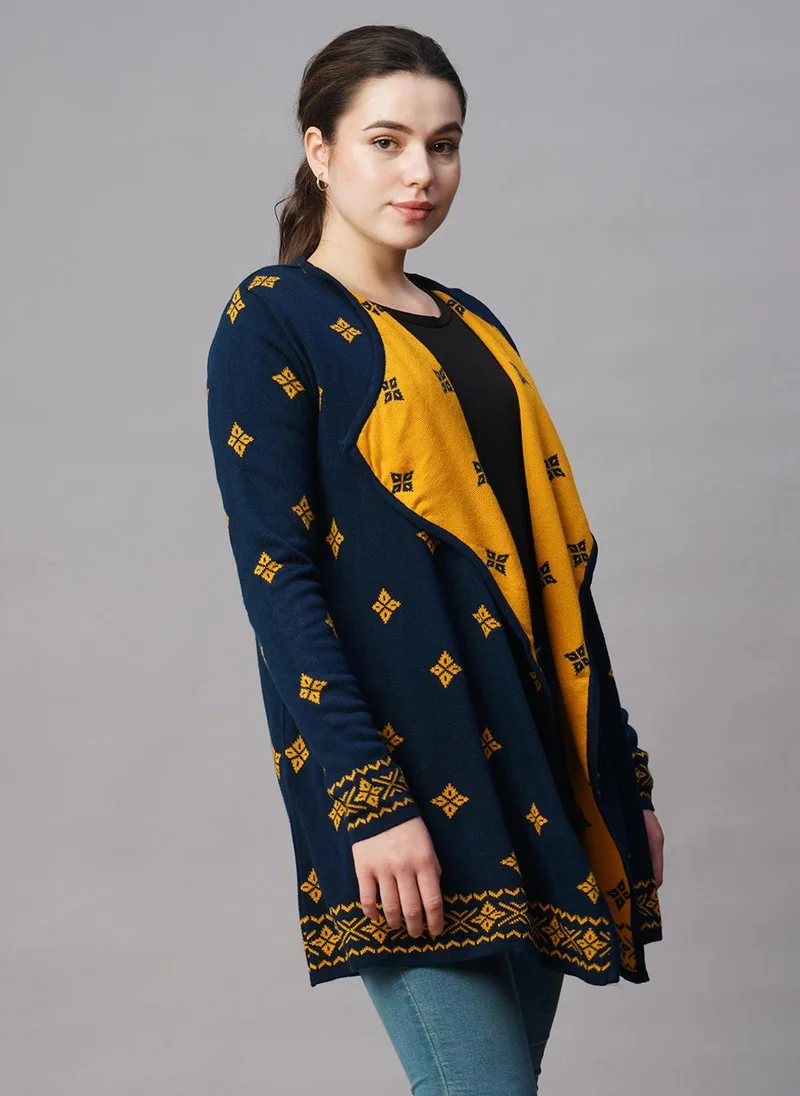 globus Globus Women Blue Lapel Collar Ethnic Motifs Acrylic Hip Length Winter Wear Sweater Shrug