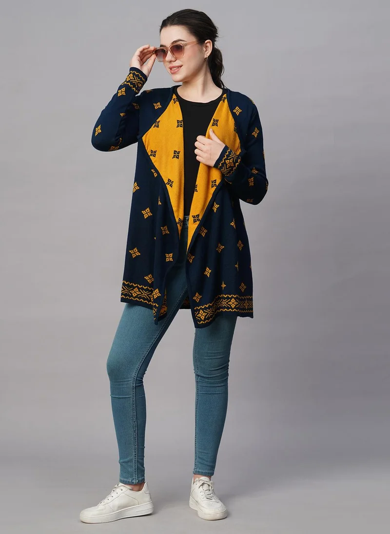 globus Globus Women Blue Lapel Collar Ethnic Motifs Acrylic Hip Length Winter Wear Sweater Shrug