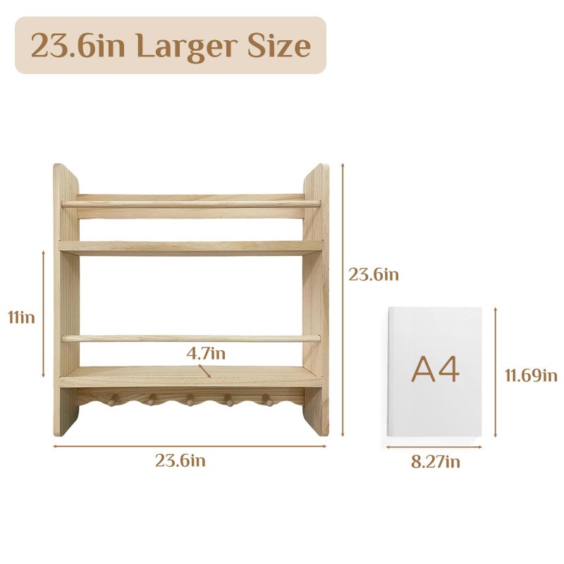 Walasis Large Nursery Bookshelf for Wall: 23.6inch 2-Tier Floating Book Shelves for Kids Toddlers Bedroom Solid Pine Wood Storage Organizer with Ledge Hooks Bar (Natural) - Image 4
