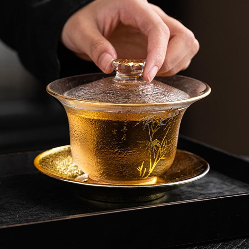 Traditional Chinese Teaware Pattern Thickened Glass Tea Cup Set with Lid and Saucer - Image 3