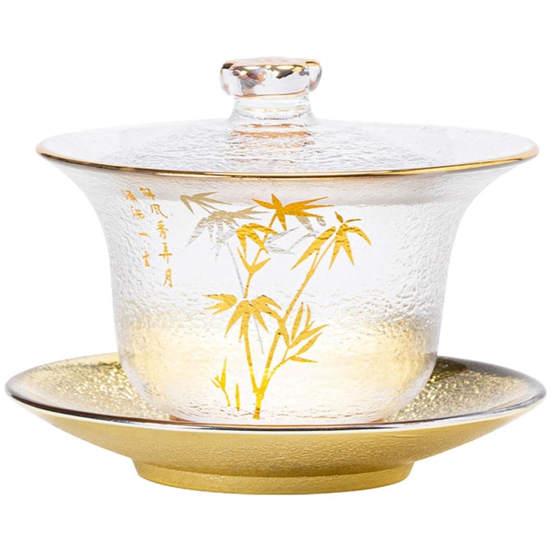Traditional Chinese Teaware Pattern Thickened Glass Tea Cup Set with Lid and Saucer - Image 2
