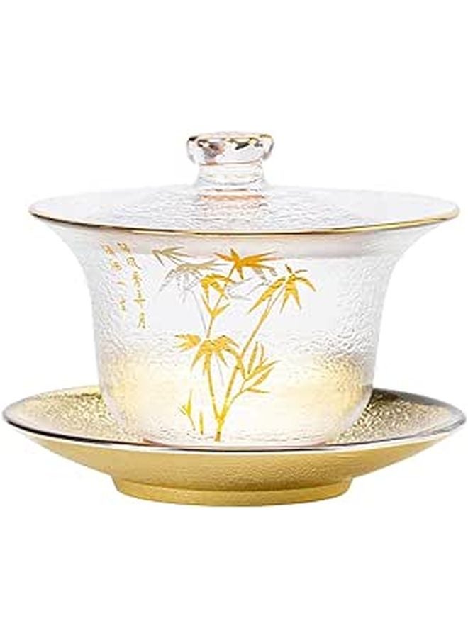 Traditional Chinese Teaware Pattern Thickened Glass Tea Cup Set with Lid and Saucer - Image 1