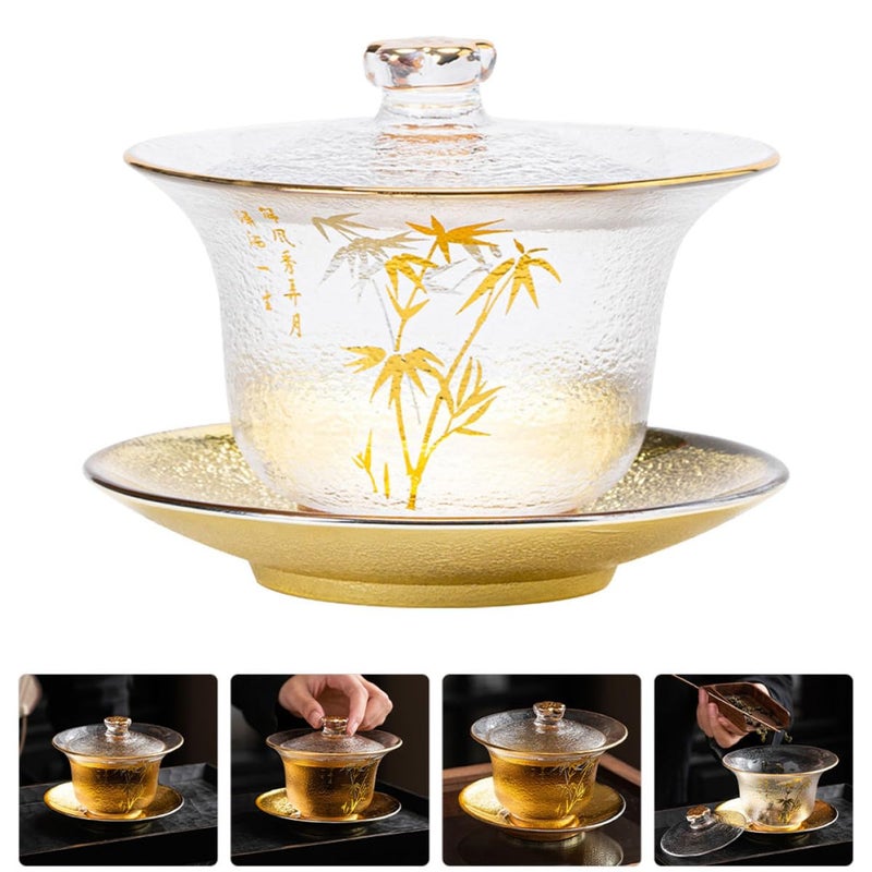 Traditional Chinese Teaware Pattern Thickened Glass Tea Cup Set with Lid and Saucer - Image 4