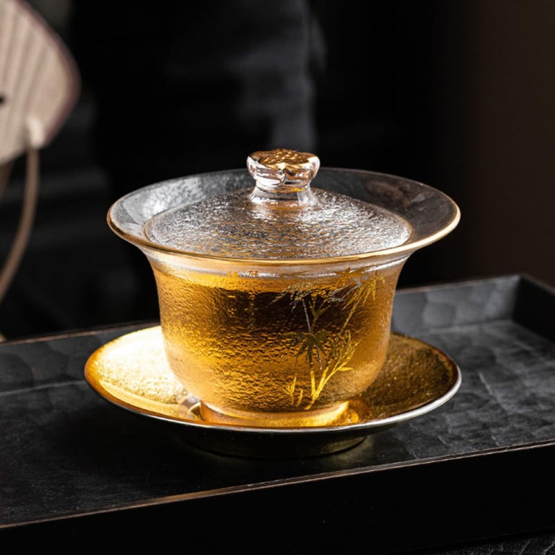 Traditional Chinese Teaware Pattern Thickened Glass Tea Cup Set with Lid and Saucer - Image 5