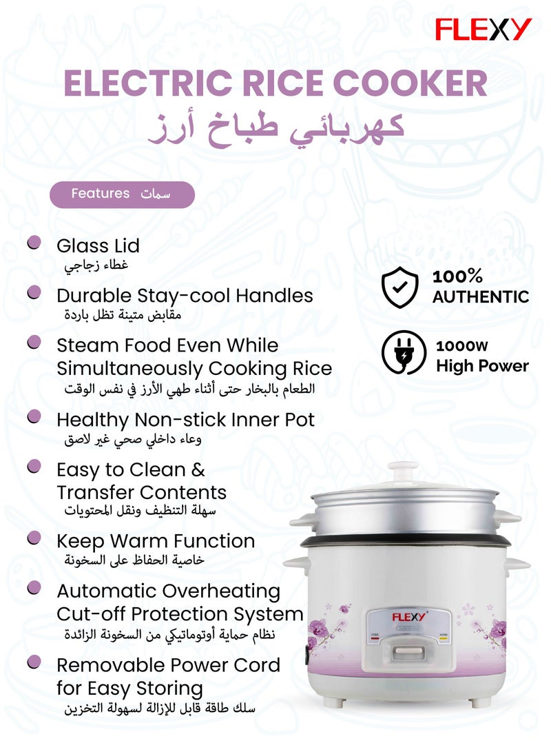 Flexy 3L Electric Rice Cooker, 1000W: Stainless Steel, Non-Stick Pot, Tempered Glass Lid, Steam & Keep Warm Functions, Cool-Touch Handles for Safe and Easy Use. - Image 2