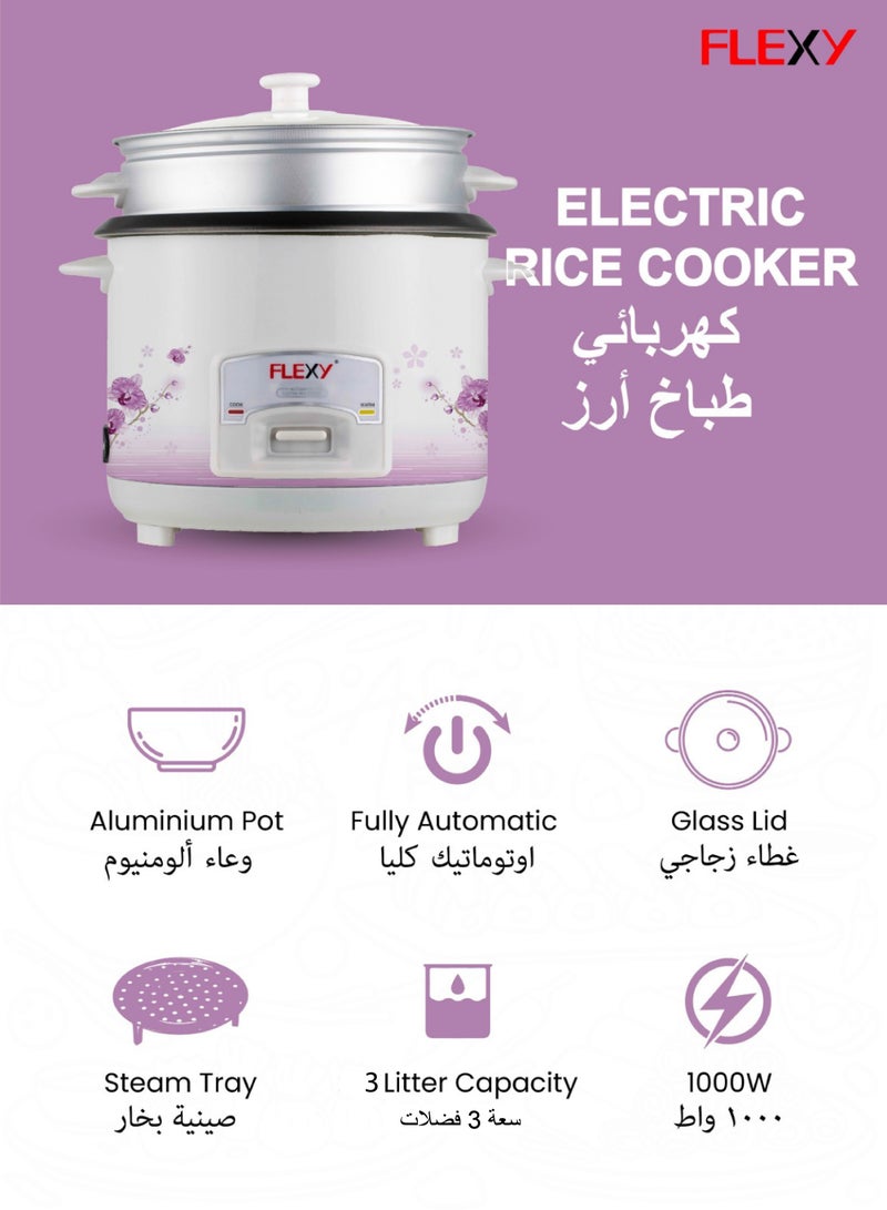 Flexy 3L Electric Rice Cooker, 1000W: Stainless Steel, Non-Stick Pot, Tempered Glass Lid, Steam & Keep Warm Functions, Cool-Touch Handles for Safe and Easy Use. - Image 5