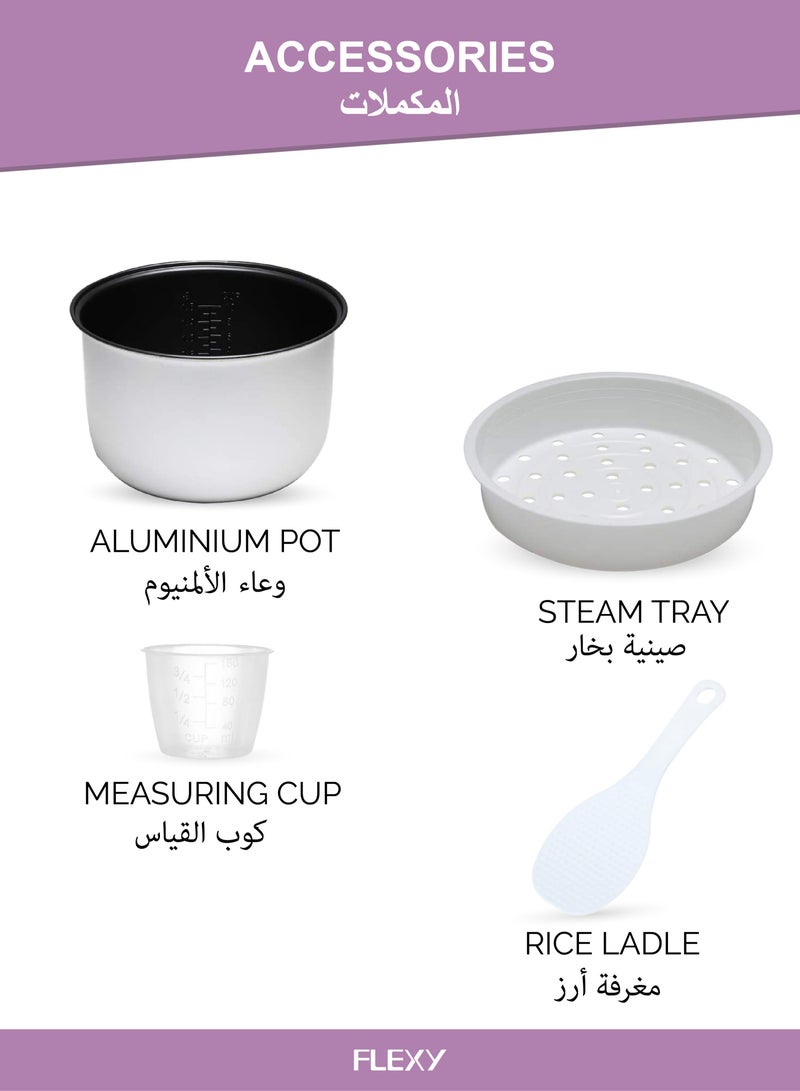 Flexy 3L Electric Rice Cooker, 1000W: Stainless Steel, Non-Stick Pot, Tempered Glass Lid, Steam & Keep Warm Functions, Cool-Touch Handles for Safe and Easy Use. - Image 3