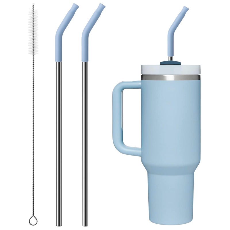 Bluwing Metal Straw with Silicone Tip for 30oz Stanley Cup 2 Pcs Stainless Steel Straws Replacement for Stanley 30 oz Adventure Quencher Travel Tumbler Cup 1 Straw Brush Light Blue