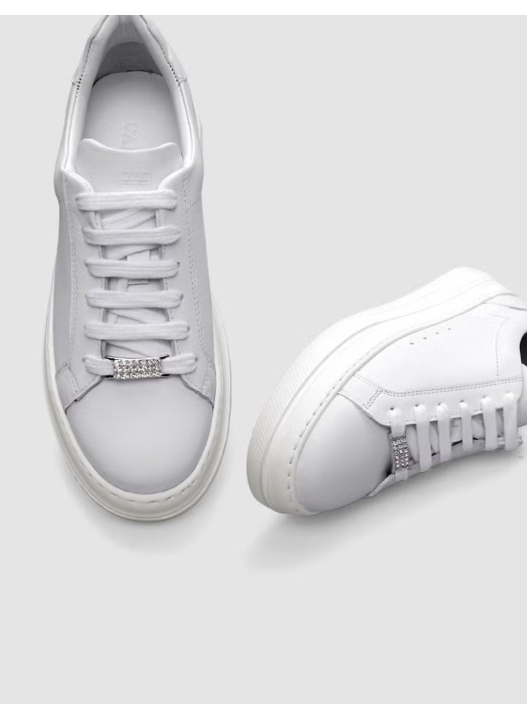 100% Genuine Leather White Lace-Up Women's Sneakers - Image 1