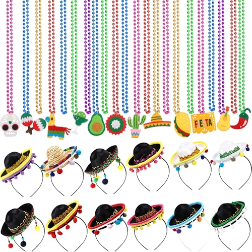 Sonarun 30 Pcs Cinco De Mayo Fiesta Party Favors Include 12 Mexican Sombreros Hats Headbands and 18 Cinco De Mayo Fiesta Necklaces for Mexican Cinco de Mayo Party Decorations Luau Fiesta Party Photo Props - Image 1
