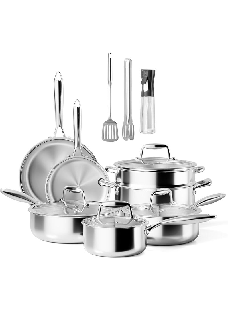 طقم أواني مطبخ ستانلس ستيل - طقم قدور ومقالي ثلاثي الطبقات من الستانلس ستيل مع سلة تبخير، أواني طبخ غير سامة مناسبة للحث المغناطيسي، طقم أواني مطبخ خالية من PFOA و PTFE، آمنة للغسالة والفرن - Image 1