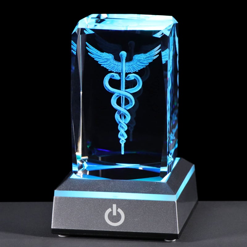 YWHL Crystal Doctor Gifts for Men Women Laser Engraved 3D Caduceus Figurine with Colorful Light Base for Medical Students Medical Professionals Doctors Day Gifts