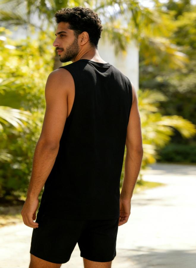 Take Two Men Black Text Print Round Neck Tank and Shorts Co-Ords - Image 2