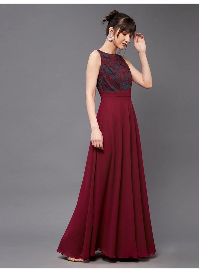 Miss Chase - Miss Chase Women's Round Neck Sleeveless Georgette Floral Lace Fit & Flare Maxi Dress - Image 1