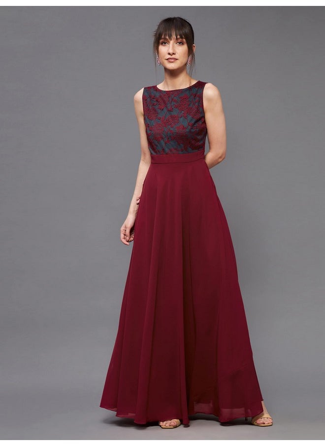 Miss Chase - Miss Chase Women's Round Neck Sleeveless Georgette Floral Lace Fit & Flare Maxi Dress - Image 1