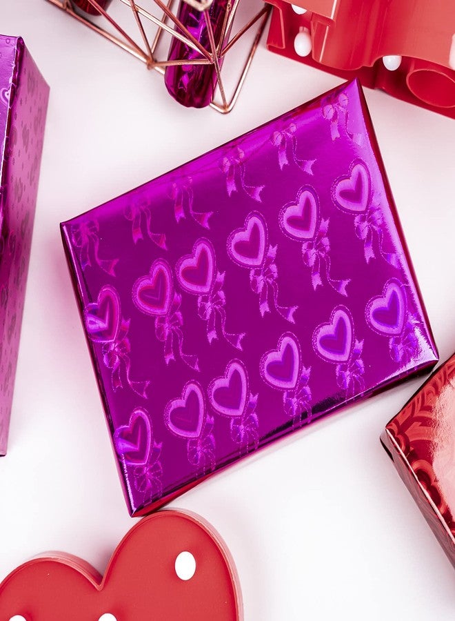 LeZakaa Heart Holographic Wrapping Paper Roll for Mom, Light Pink/Red/Rose Red Hearts with Bows for Mother's Day, Valentine's, Wedding, Anniversary, Birthday, Mini Roll, 17x 120 inches, 3 Rolls - Image 2