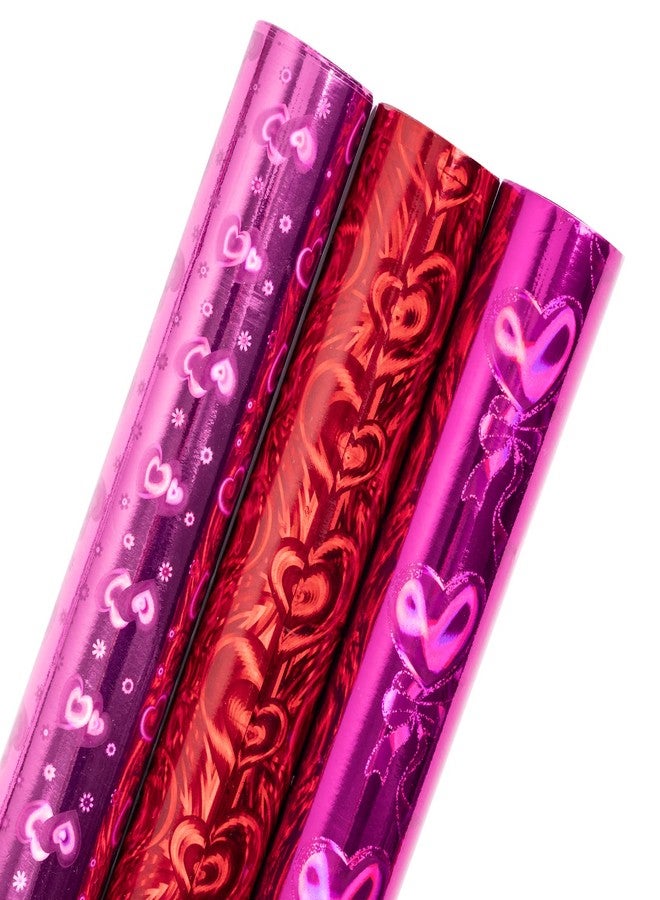 LeZakaa Heart Holographic Wrapping Paper Roll for Mom, Light Pink/Red/Rose Red Hearts with Bows for Mother's Day, Valentine's, Wedding, Anniversary, Birthday, Mini Roll, 17x 120 inches, 3 Rolls - Image 1