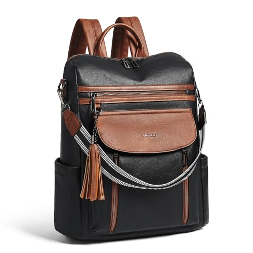 Shrrie Laptop Backpack for Women 15.6 inch,Travel Leather Backpack Purse Nurse Teacher Carry on Backpack Computer Bag,Professional Water-Resistant College Business Work Casual Daypack,Black with Brown - Image 1