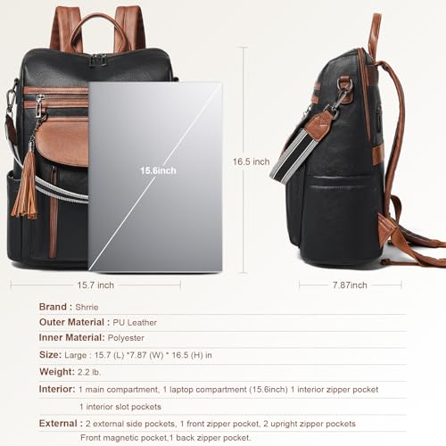 Shrrie Laptop Backpack for Women 15.6 inch,Travel Leather Backpack Purse Nurse Teacher Carry on Backpack Computer Bag,Professional Water-Resistant College Business Work Casual Daypack,Black with Brown - Image 3