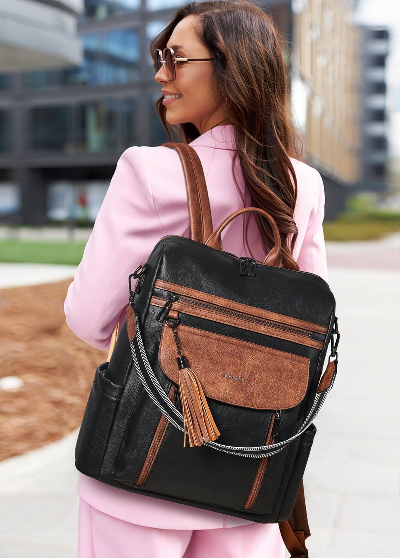 Shrrie Laptop Backpack for Women 15.6 inch,Travel Leather Backpack Purse Nurse Teacher Carry on Backpack Computer Bag,Professional Water-Resistant College Business Work Casual Daypack,Black with Brown - Image 2