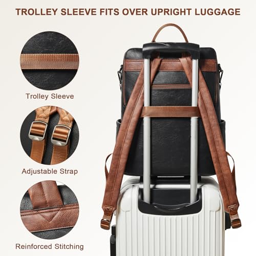 Shrrie Laptop Backpack for Women 15.6 inch,Travel Leather Backpack Purse Nurse Teacher Carry on Backpack Computer Bag,Professional Water-Resistant College Business Work Casual Daypack,Black with Brown - Image 4