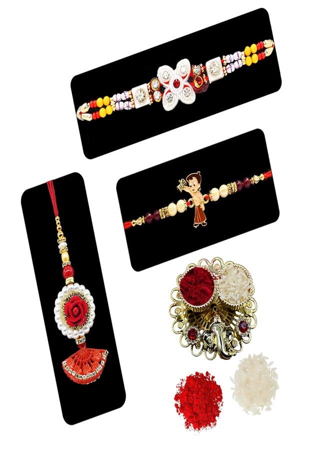 Natali Traders Rakhi for Bhai Bhabhi and Kid Combo with Roli Chawal Chopra - Flower Rakhee for Brother - Lumba Rakhee for Bhabhi - Family Rakhi Set of 3 - Image 1