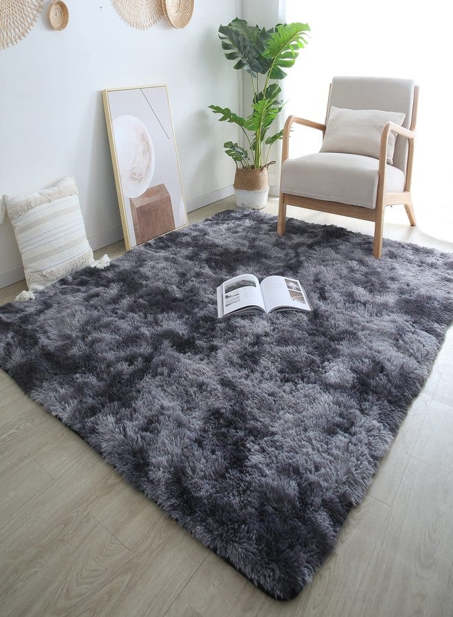 CAIYUECS Grey Fluffy Area Rug 5x7 - Ultra Soft Shag Plush Rugs for Bedroom Living Room, Indoor Non-Slip Modern Nursery Faux Fur Floor Carpet for Kids Room,Tie-Dyed Dark Gray, - Image 4