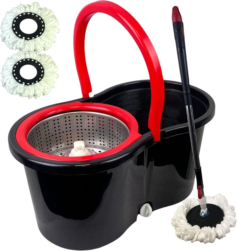 INFLUX Spin Mop and Bucket with Stainless Steel Basket-360° Spinning Mop, Floor Cleaning Mop Set, 2 100% MICROFIBER Mop Heads, Squeegee, and Adjustable Handle–Perfect for Kitchen, Bathroom Home - Image 1