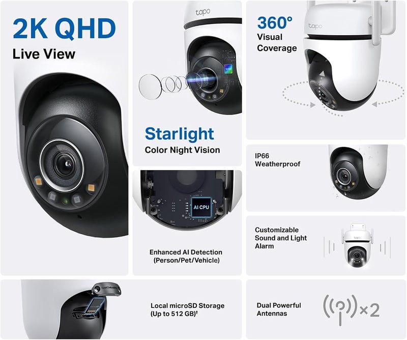تابو كاميرا أمان ذكية Wi-Fi من Tapo TP-Link C520WS 2K QHD 4MP للاستخدام الخارجي، مقاومة للعوامل الجوية (IP66)، تتميز بتقنية الرؤية الليلية بالنجوم (Starlight Night Vision)، والكشف الذكي عن الحركة (AI Detection)، وتغطية بصرية كاملة 360° - Image 2