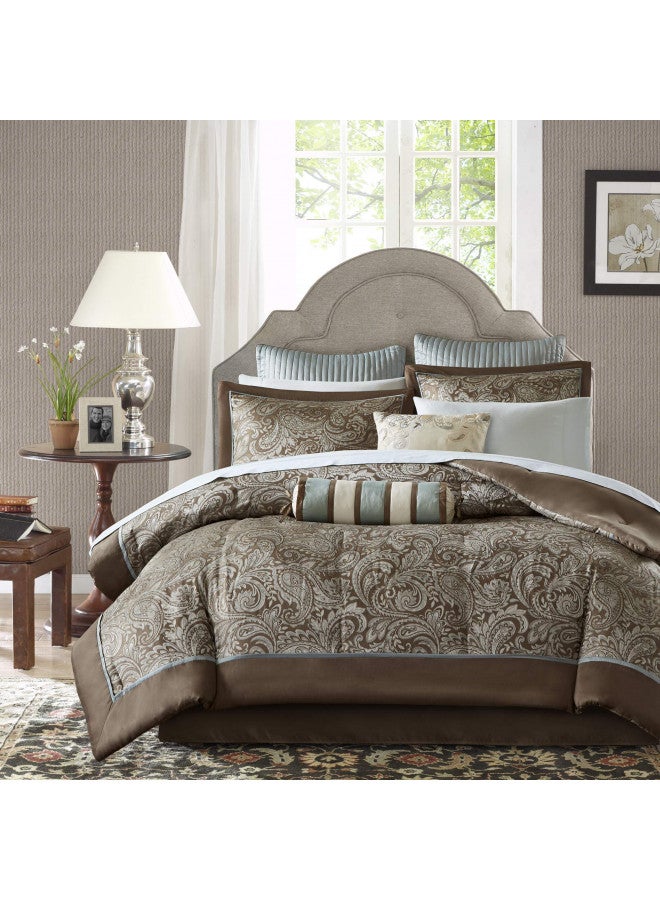 madison park Madison Park Aubrey Cozy Comforter Set, Faux Silk Jacquard Paisley Design - All Season Down Alternative Bedding with Cotton Bed Sheets, Bed Skirt & Toss Pillows, King Blue 12 Piece - Image 4