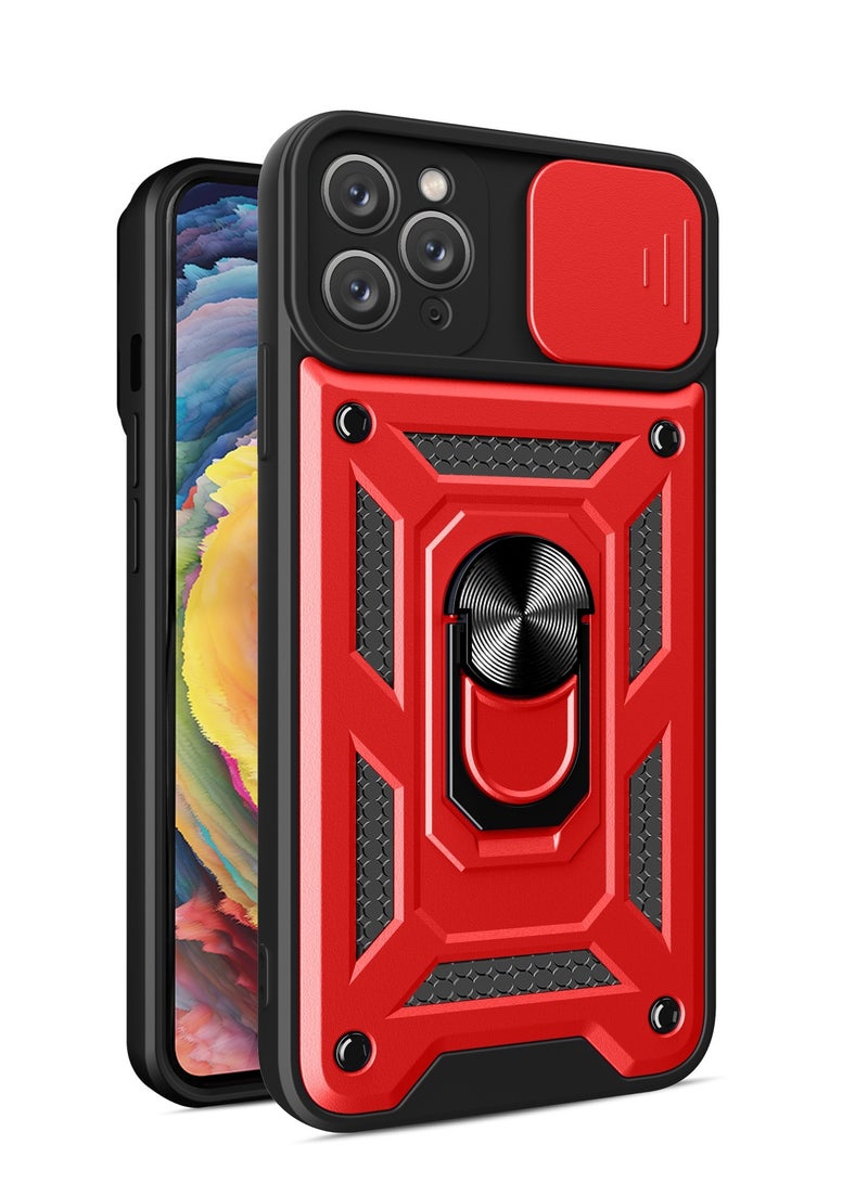 Shunjia Sliding Window Case, Shockproof Rugged Armor with Sliding Camera Cover & 360° Ring Kickstand, Compatible with Apple iPhone 11 Pro Max (Red)