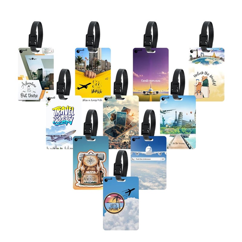 Kidultz (Set of 10) Synthetic Luggage Tags with Black Strap Loop | Durable, Waterproof, Anti-Break Travel ID Tags for Suitcases, Backpacks, School & Office Bags (Set 2) - Image 1