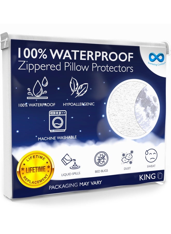 Everlasting Comfort Waterproof Pillow Protectors Set Of 2 King Size Allergy Pillow Cases With Zipper Hypoallergenic Pillowcase Covers Protect Against Allergens Dust And Mites  - Image 1