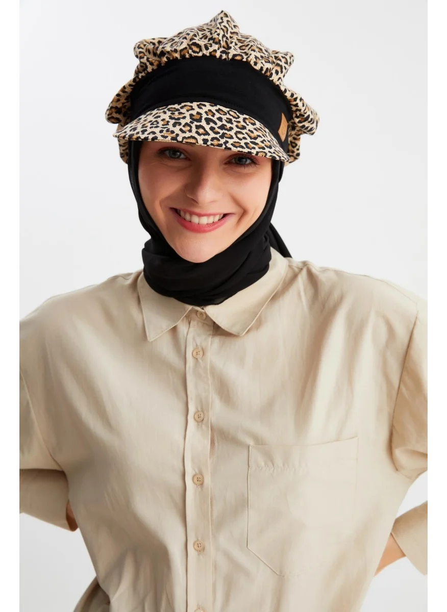 Butikgiz Leopard Women's Hijab Multi Chiffon Silky Shawl and Cotton Combed Visor Hat Pair - Comfortable, Extra Light