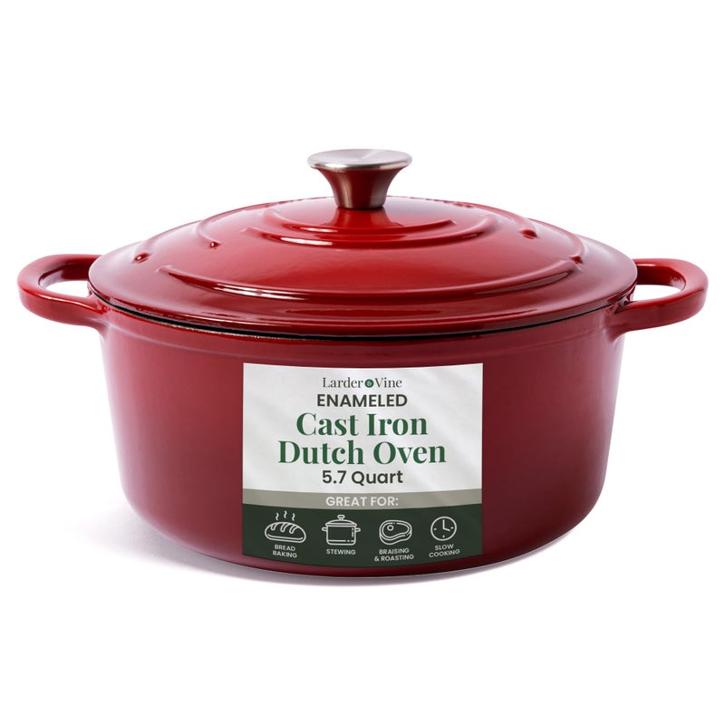 Larder & Vine Larder  Vine Enameled Cast Iron Dutch Oven  57qt Dutch Oven Pot with Lid  Dutch Oven for Bread Baking  Compatible on All Cooktops  Oven Safe to 500 F  Great for Sourdough Bread  Cabernet