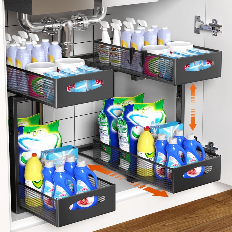 Housolution Sink Organiser Pack of 2, 2 Levels Metal Extendable Under Sink Shelf with Sliding Drawers, Kitchen Storage Organizer, Under Sink Base Cabinet Organiser for Cleaning Cabinet - Image 1