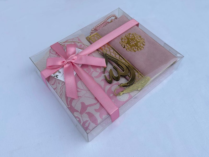 SAIKA Prayer Rug Set with Thanks Card Full Arabic Quran Prayer Rug Beads and Car Hanger SetRamadan Eid Wedding Birthday Graduation Mothers Day Pink